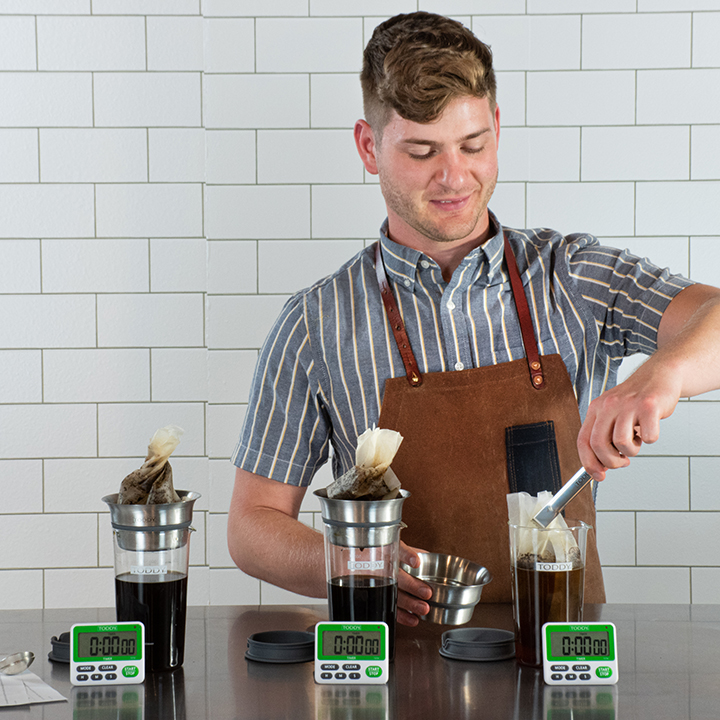 Draining the finished Toddy cold brew for cupping